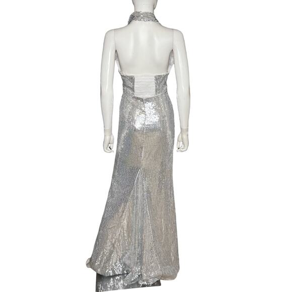 Alice + Olivia May Halter Neck Sequin Maxi Gown Dress Silver Women’s Sz 0 - Picture 5 of 8